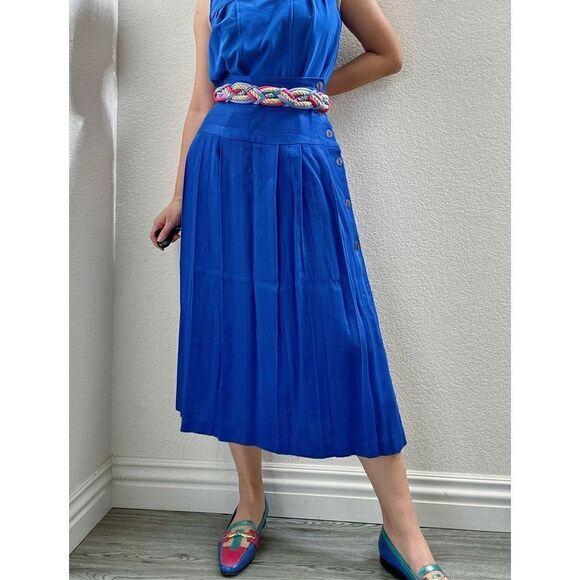 Vintage 80s Michelle Stuart Klein Blue Knitted Pleated Midi Skirt Side Slit Size - Picture 3 of 7